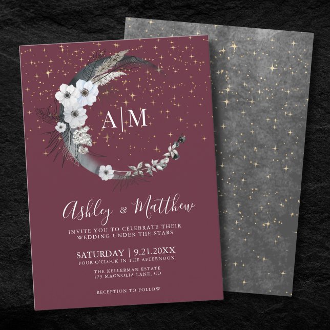 Invitación Boda Celestial de la Luna de Oro de Borgoña (Burgundy Gold Moon Celestial Wedding Invitation )