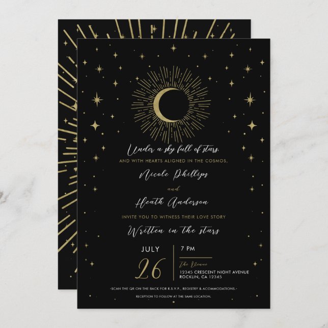 Invitación Boda Celestial de la luna de sol de Black & Gold S (Anverso / Reverso)