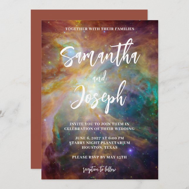 Invitación Boda Celestial de la Nebulosa de Orión en Verde Az (Anverso / Reverso)
