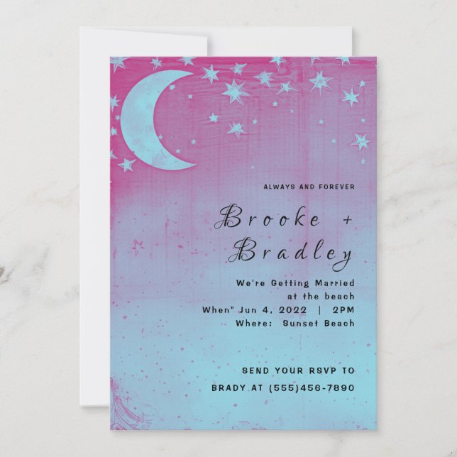 Invitación Boda Celestial de Luna Creciente Rosa y Azul (Anverso)