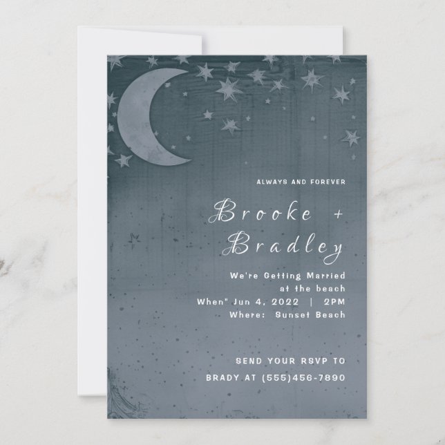 Invitación Boda Celestial de Luna Creciente Turquesa Oscura (Anverso)