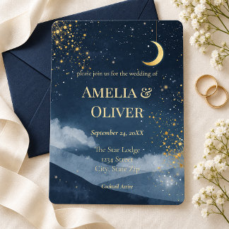 Invitación Boda Celestial de Luna en Montaña con Dorado de Ma