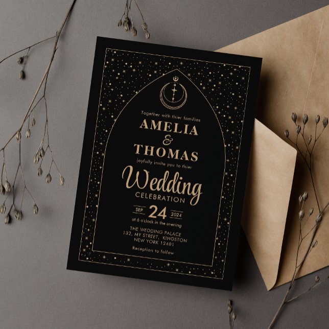 Invitación Boda Celestial de Luna y Estrellas en Arco Negro y (Subido por el creador)