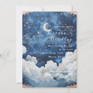 Invitación Boda Celestial de Luna y Nubes Azul Oscuro