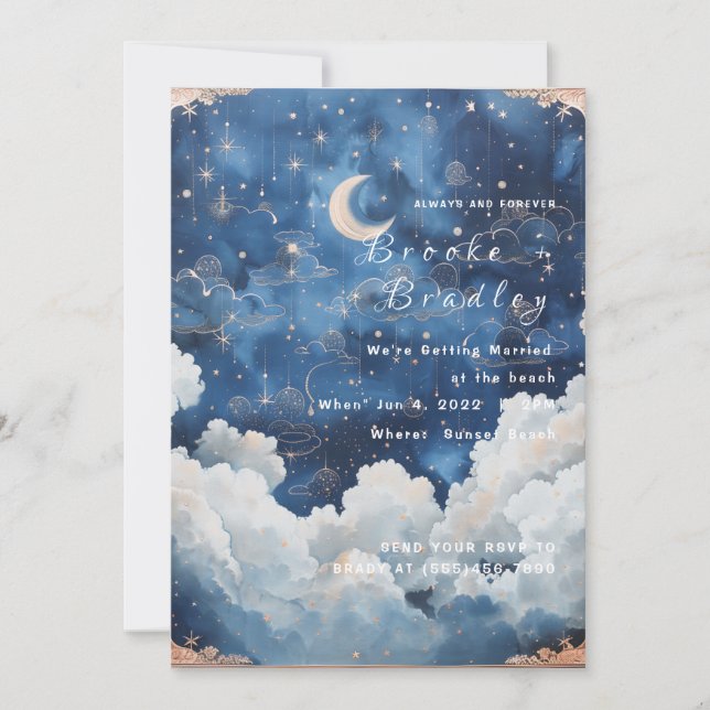 Invitación Boda Celestial de Luna y Nubes Azul Oscuro (Anverso)