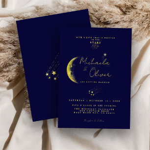 Invitación Boda Celestial de Medianoche Azul Dorado Creciente