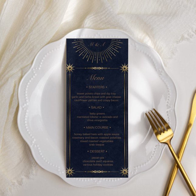 Invitación boda celestial de oro azul de medianoche Menú de c (Subido por el creador)