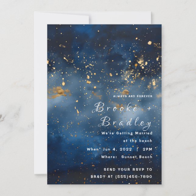 Invitación Boda Celestial de Oro de Medianoche (Anverso)