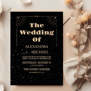 Invitación Boda Celestial de Oro Negro Místico Sol Luna