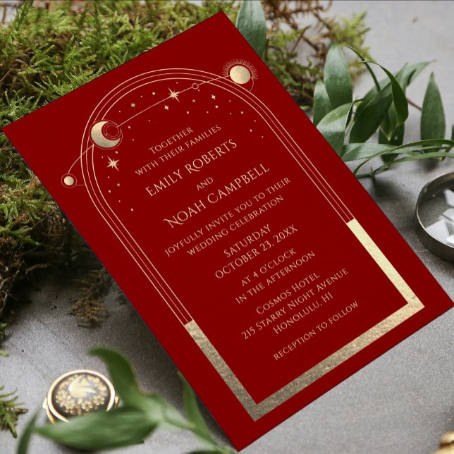 Invitación Boda Celestial de Oro Rojo Oscuro Místico (Subido por el creador)