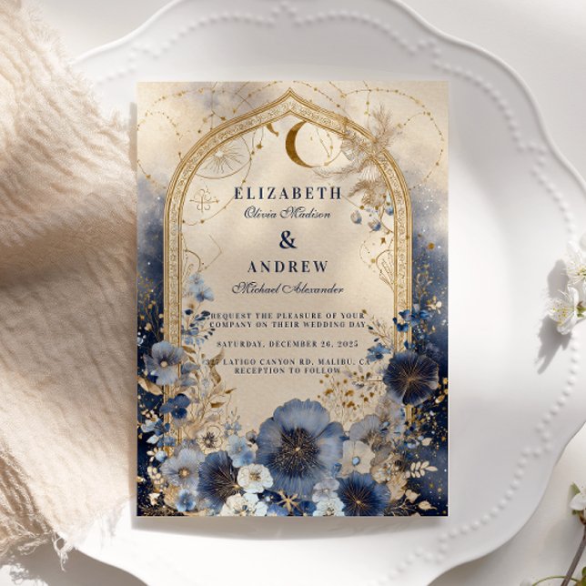 Invitación Boda celestial de oro y azul medianoche (Subido por el creador)