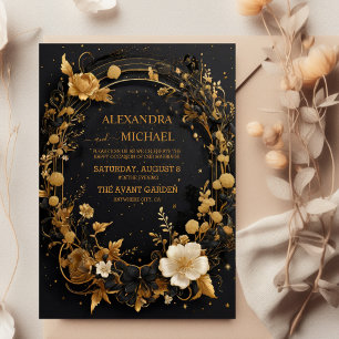 Invitación Boda Celestial de Sol y Luna de Oro Negro Místico
