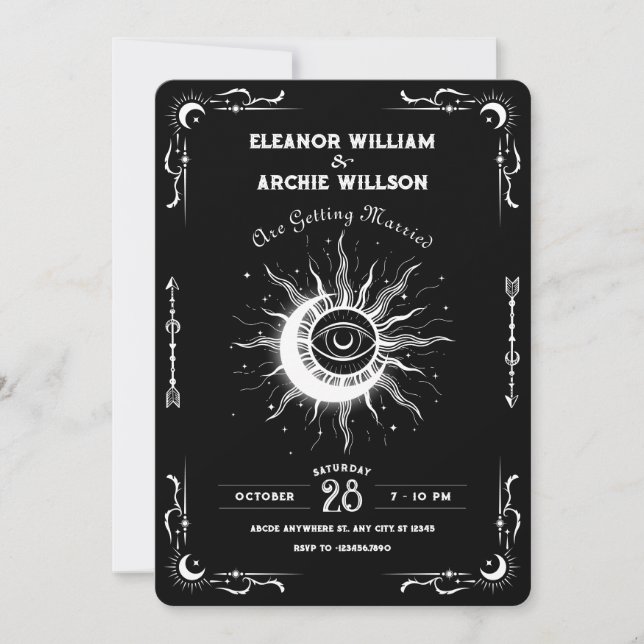 Invitación Boda celestial de tarot solar de luna blanca y neg (Anverso)