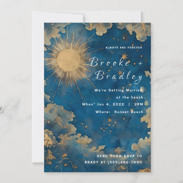 Invitación Boda Celestial del Sol y las Estrellas Doradas (Anverso)