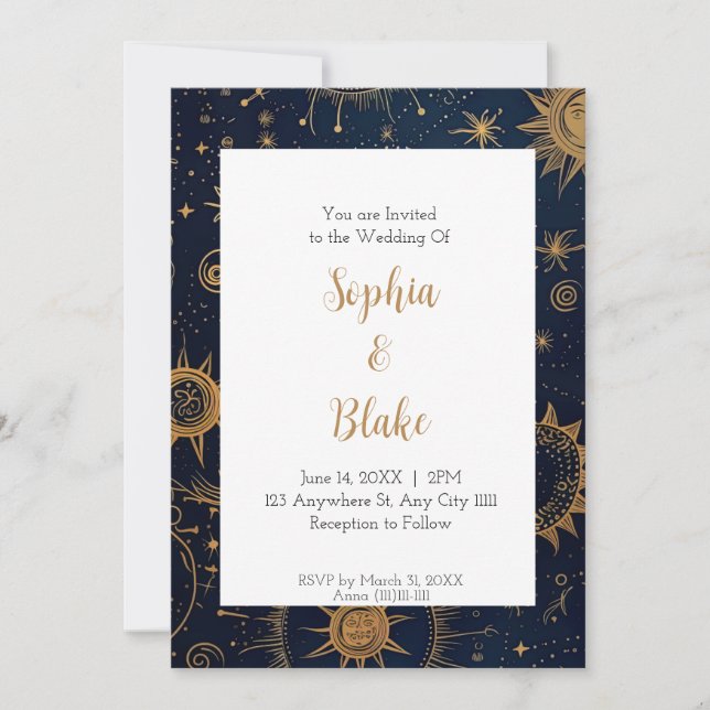 Invitación Boda Celestial del Sol y las Estrellas Místicas (Anverso)