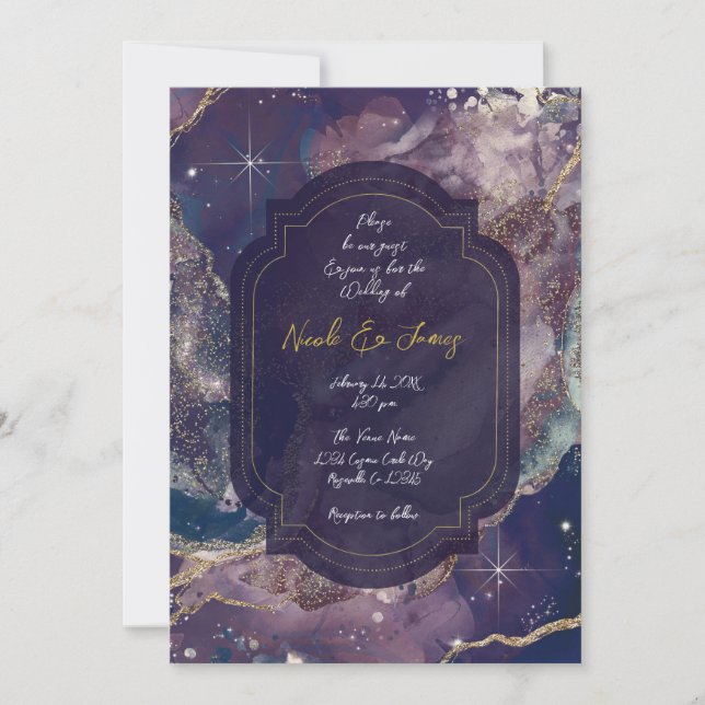 Invitación Boda Celestial Dorada Acuarela Azul de Frambuesa (Anverso)