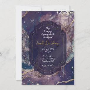 Invitación Boda Celestial Dorada Acuarela Azul de Frambuesa