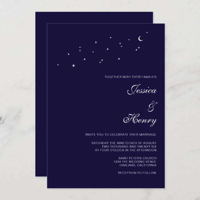 Invitación Boda Celestial Elegante Guión Celeste (Anverso / Reverso)