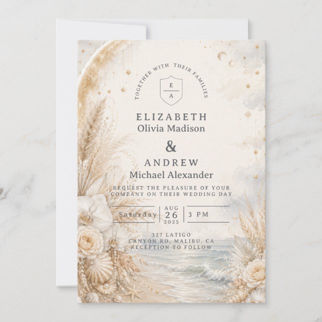 Invitación Boda Celestial en la Playa Romántica (Anverso)