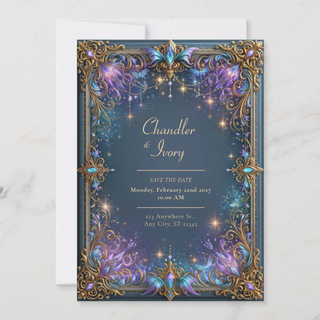 Invitación Boda Celestial Filigrana Violeta de Medianoche (Anverso)