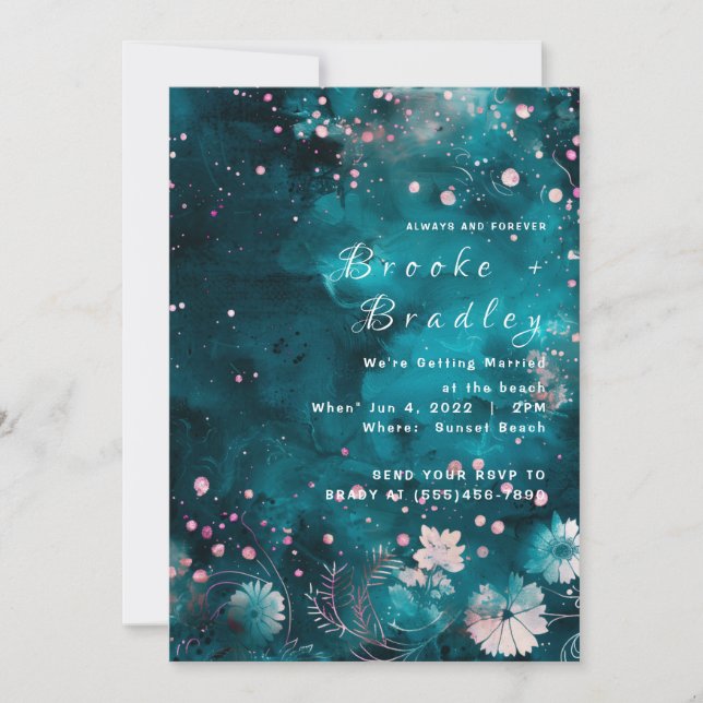 Invitación Boda Celestial Floral Acuarela Turquesa (Anverso)