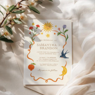 Invitación Boda Celestial Folk pintado a mano y caprichoso