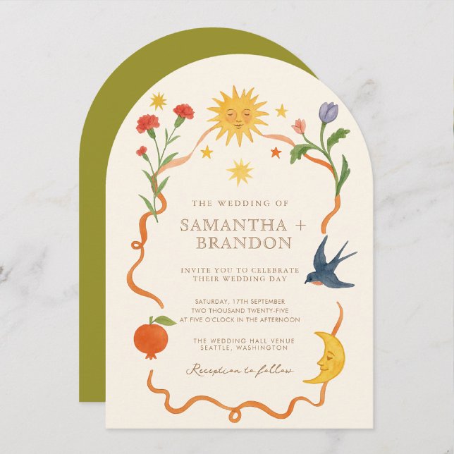 Invitación Boda Celestial Folk pintado a mano y caprichoso (Subido por el creador)