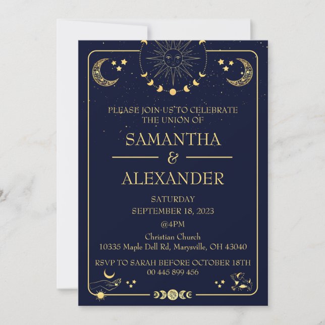 Invitación Boda Celestial Gold Midnight Blue (Anverso)