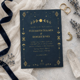 Invitación Boda Celestial Gótica de Azul Medianoche y Oro