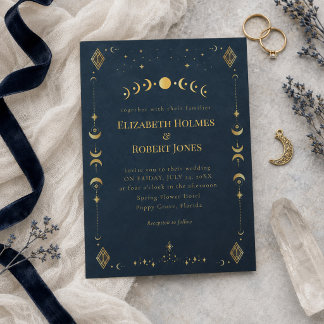 Invitación Boda Celestial Gótica de Azul Medianoche y Oro