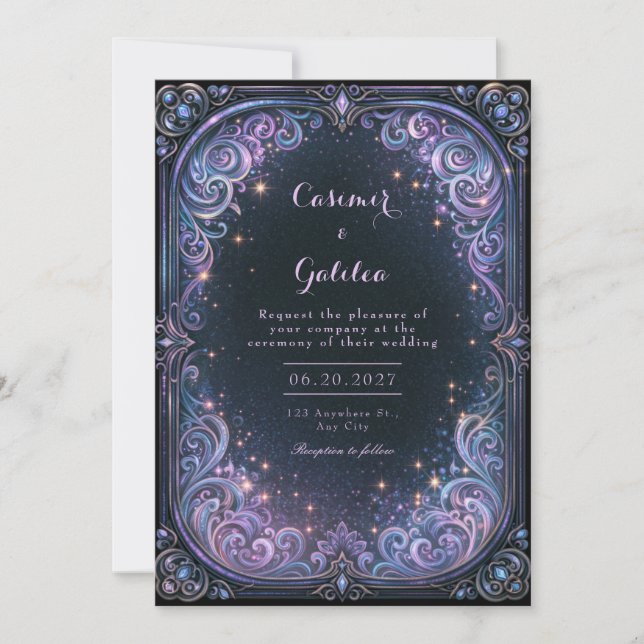 Invitación Boda Celestial Lavanda de Medianoche (Anverso)