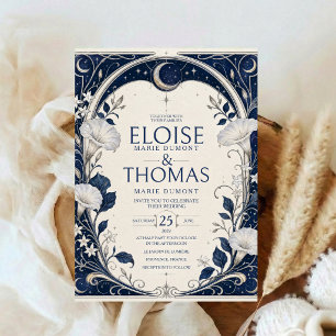 Invitación Boda Celestial Luna Art Nouveau Azul Medianoche