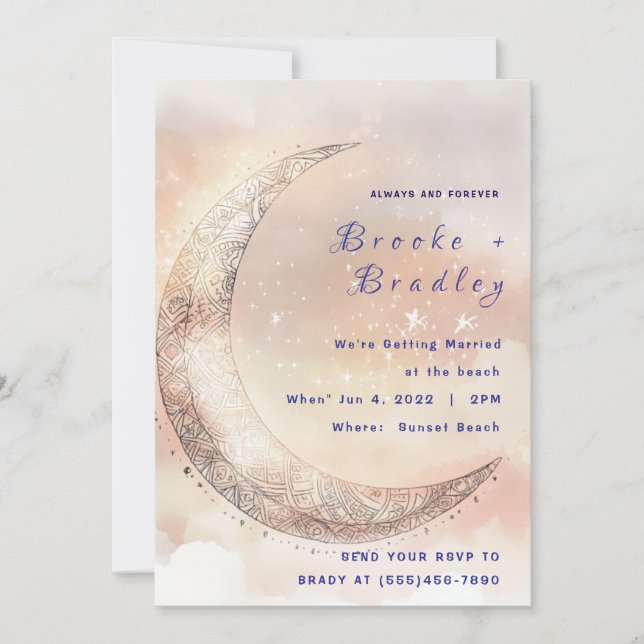 Invitación Boda Celestial Luna Creciente Pastel (Anverso)