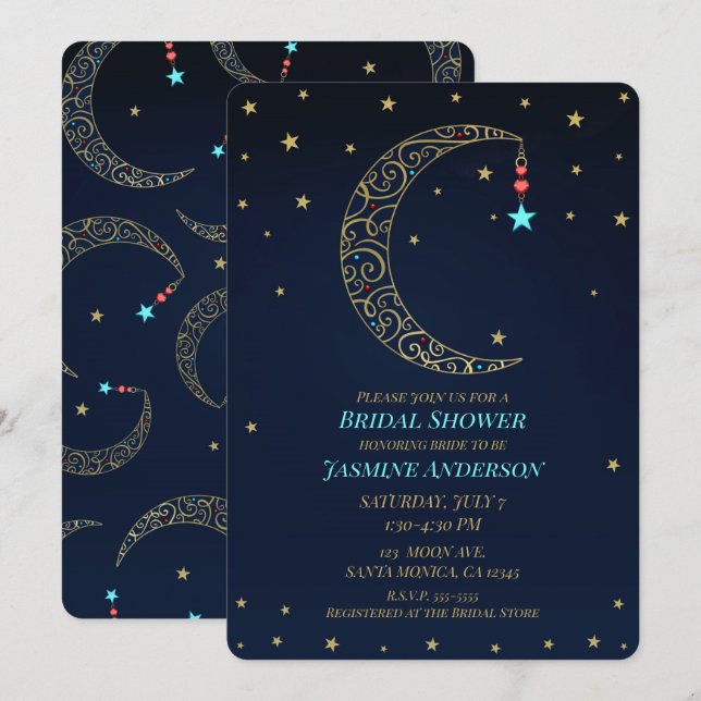 Invitación Boda Celestial Luna de Filigrana de Oro Azul (Anverso / Reverso)