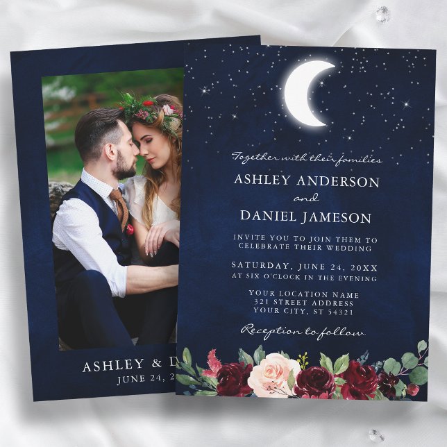 Invitación Boda Celestial Luna Estrellas Floral Foto (Customize to change text size or text style.)