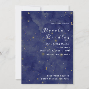 Invitación Boda Celestial Luna y Estrellas Azul Oscuro