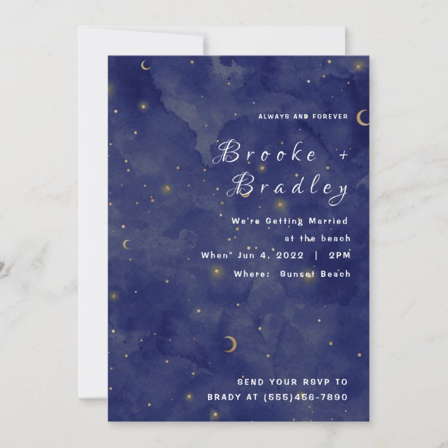 Invitación Boda Celestial Luna y Estrellas Azul Oscuro (Anverso)