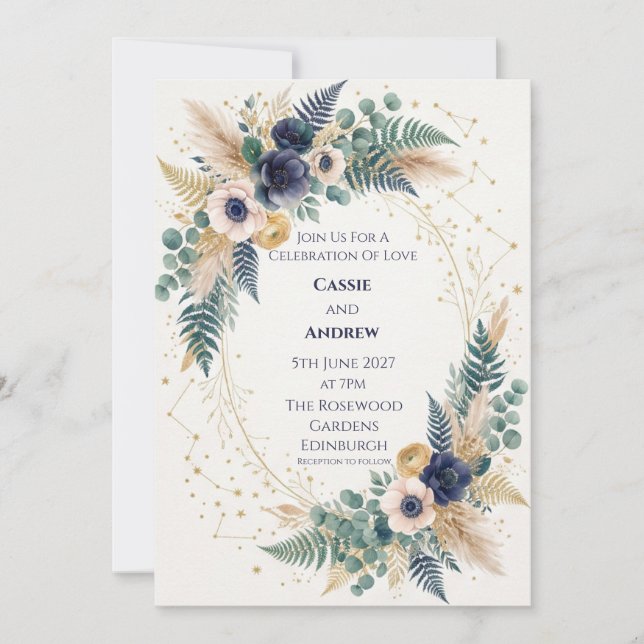 Invitación Boda Celestial Marfil Marina Anémona Dorada (Anverso)