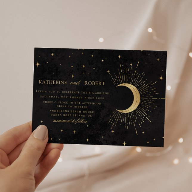 Invitación Boda Celestial Midnight Black Gold Stars (Subido por el creador)