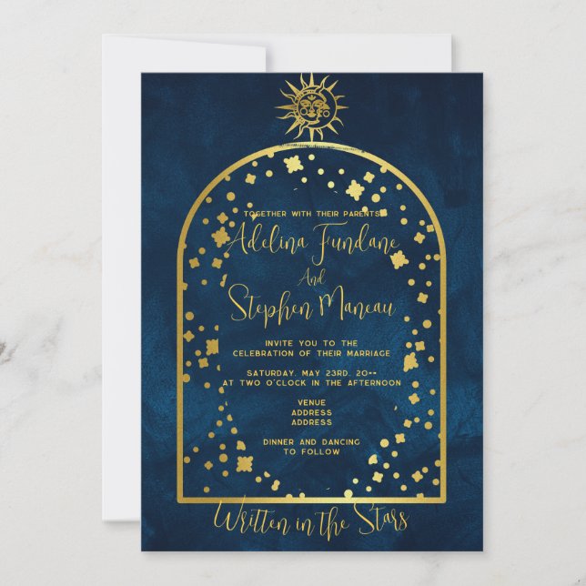 Invitación Boda Celestial Midnight Blue Gold Star Moon Sun (Anverso)
