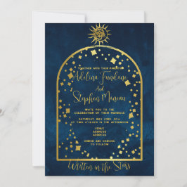 Invitación Boda Celestial Midnight Blue Gold Star Moon Sun