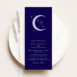 Invitación Boda Celestial Minimalista de Luna y Estrellas Azu