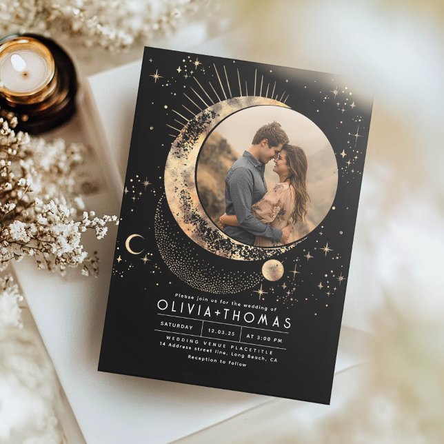 Invitación Boda Celestial Místico Estelar de la Luna Estelar  (Celestial Wedding Photo Invitation)