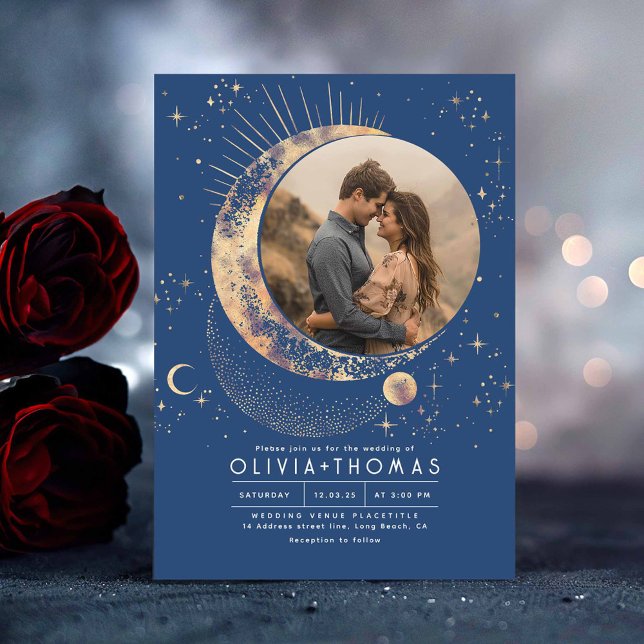 Invitación Boda Celestial Místico Estelar de la Luna Estelar  (Navy Blue Celestial Wedding Photo Invitation)