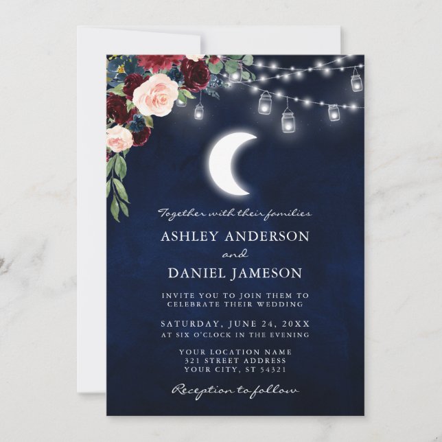 Invitación Boda Celestial Moon Burgundy Floral Jar Lights (Anverso)