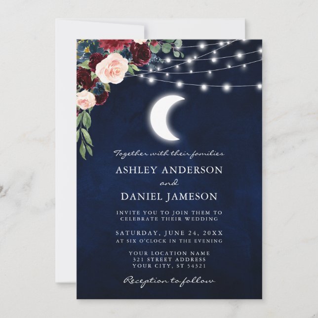 Invitación Boda Celestial Moon Burgundy Floral Lights (Anverso)