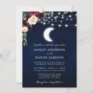 Invitación Boda Celestial Moon Burgundy Floral Lights