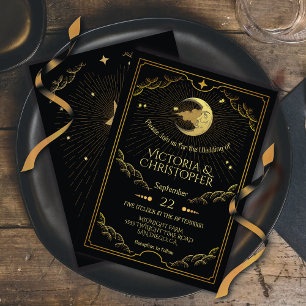 Invitación Boda Celestial Moon & Stars Faux Gold