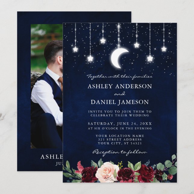 Invitación Boda Celestial Moon Stars Luces Floral Photo (Anverso / Reverso)