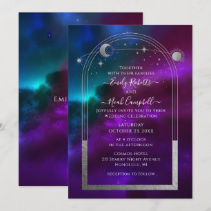 Invitación Boda Celestial Morado Turquesa Sol Luna Estrellas